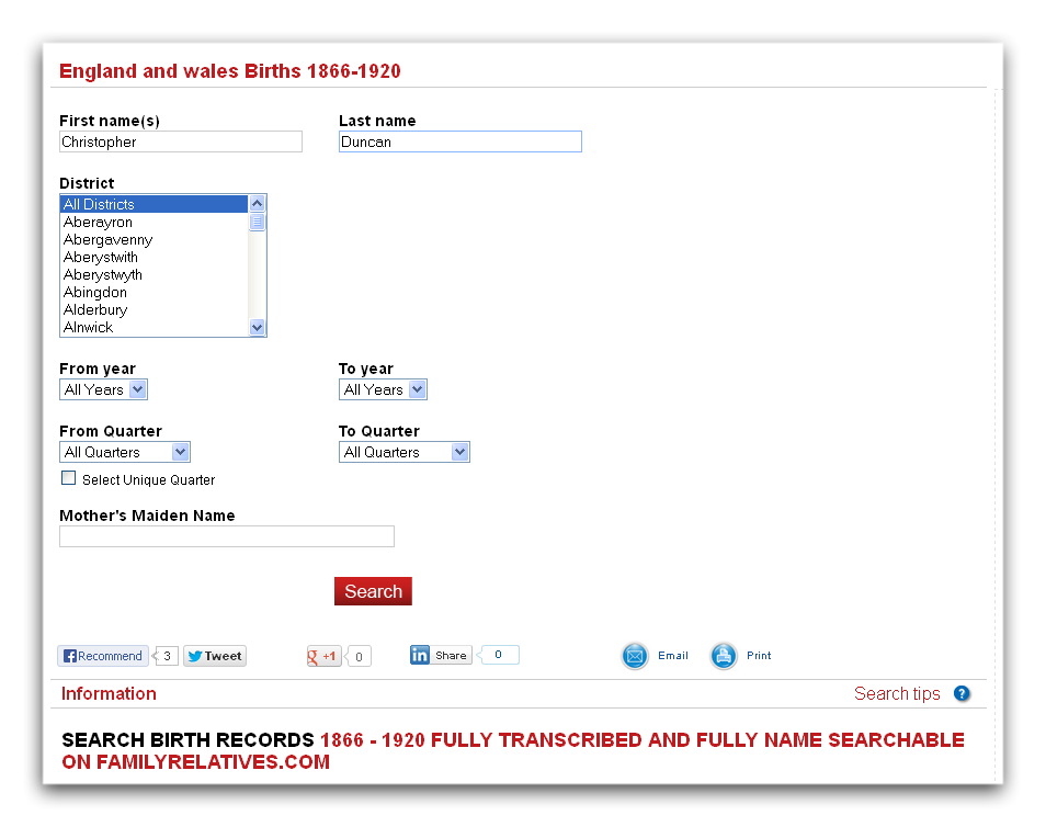 Births Search Page 1866-1920 Familyrelatives.com